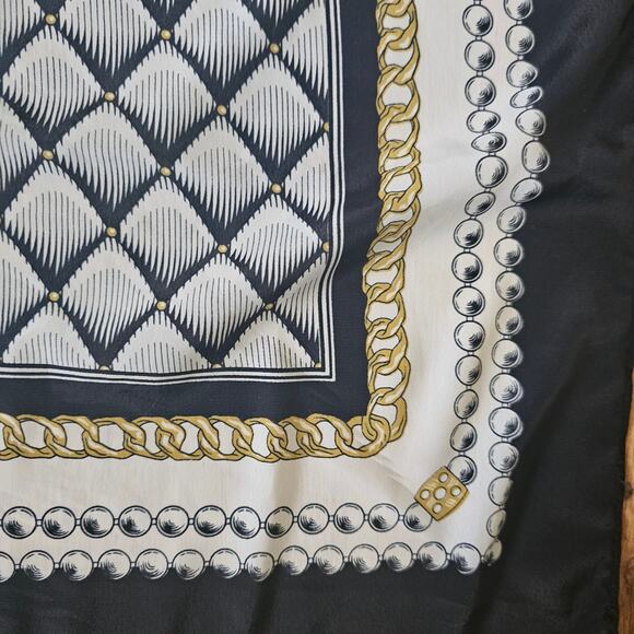 Vtg Chanel-insp Chain Pearl Print Scarf Navy Gold Geometric Square Satin Scarf - Picture 2 of 3